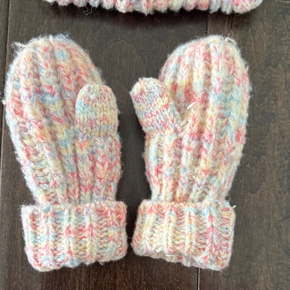 Adorable Baby Gap Colorful Knit Hat with Pom Poms and Mittens Set for Kids